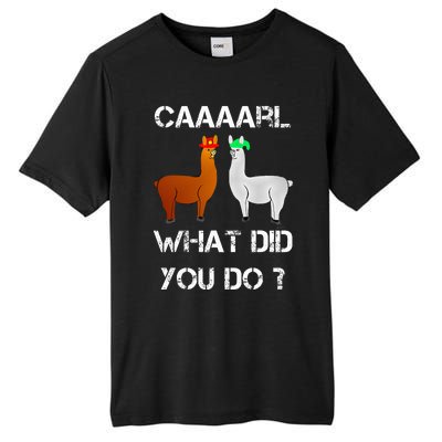 funny llama with hats lama with hat carl what did you do  Tall Fusion ChromaSoft Performance T-Shirt