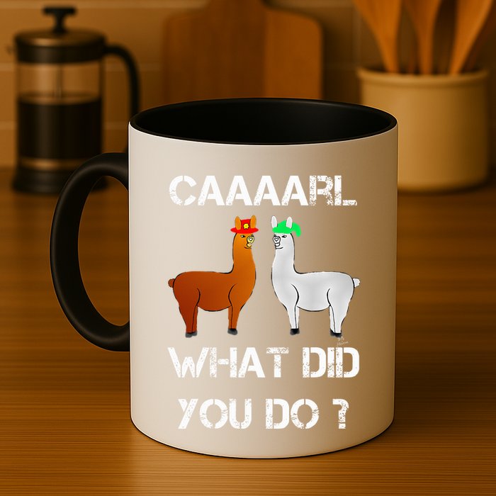 funny llama with hats lama with hat carl what did you do  Mug