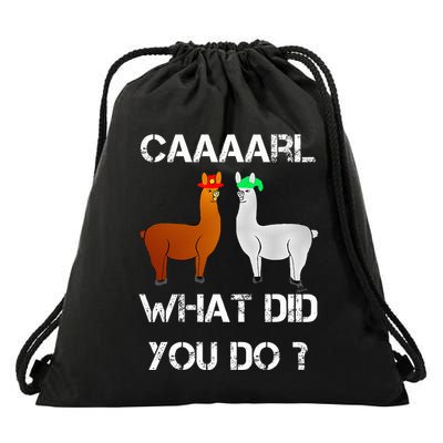 funny llama with hats lama with hat carl what did you do  Drawstring Bag