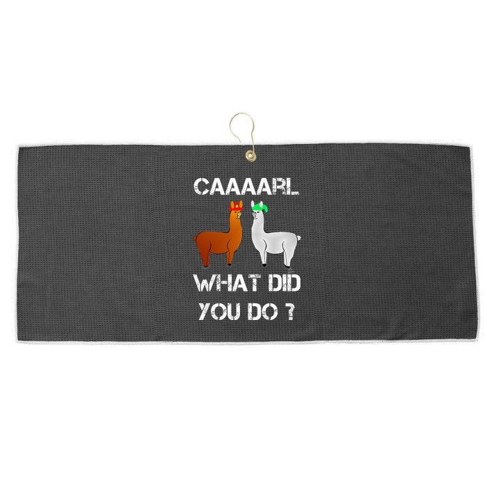 funny llama with hats lama with hat carl what did you do  Large Microfiber Waffle Golf Towel