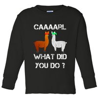 funny llama with hats lama with hat carl what did you do  Toddler Long Sleeve Shirt