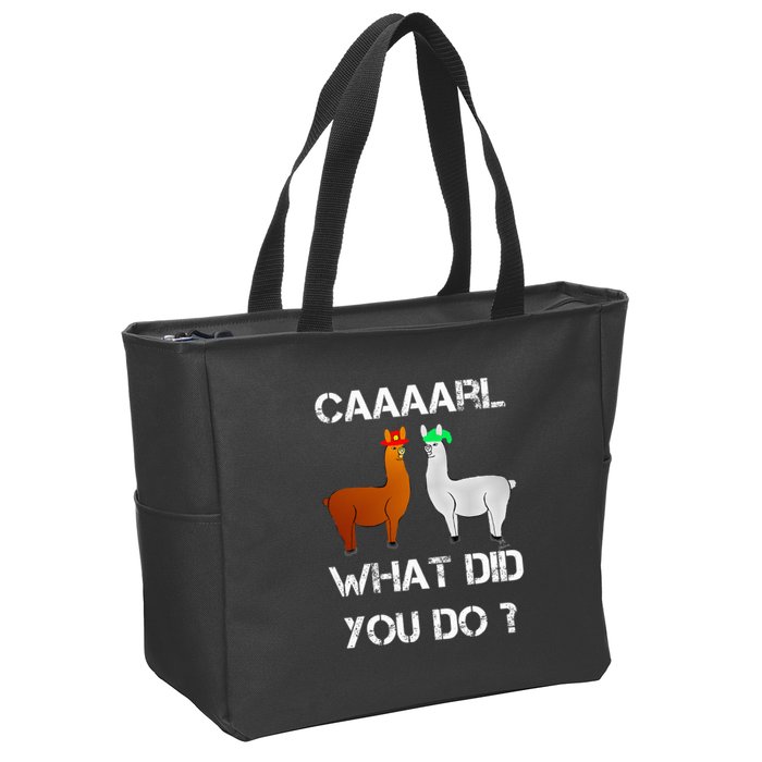 funny llama with hats lama with hat carl what did you do  Zip Tote Bag