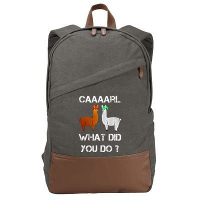 funny llama with hats lama with hat carl what did you do  Cotton Canvas Backpack