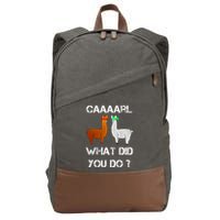 funny llama with hats lama with hat carl what did you do  Cotton Canvas Backpack