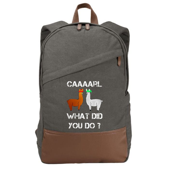 funny llama with hats lama with hat carl what did you do  Cotton Canvas Backpack
