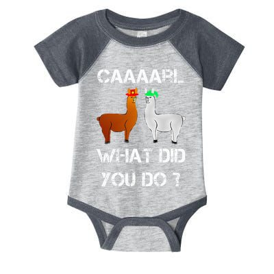 funny llama with hats lama with hat carl what did you do  Infant Baby Jersey Bodysuit