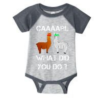 funny llama with hats lama with hat carl what did you do  Infant Baby Jersey Bodysuit