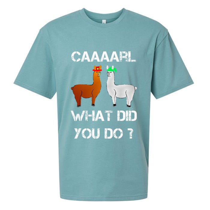 funny llama with hats lama with hat carl what did you do  Sueded Cloud Jersey T-Shirt