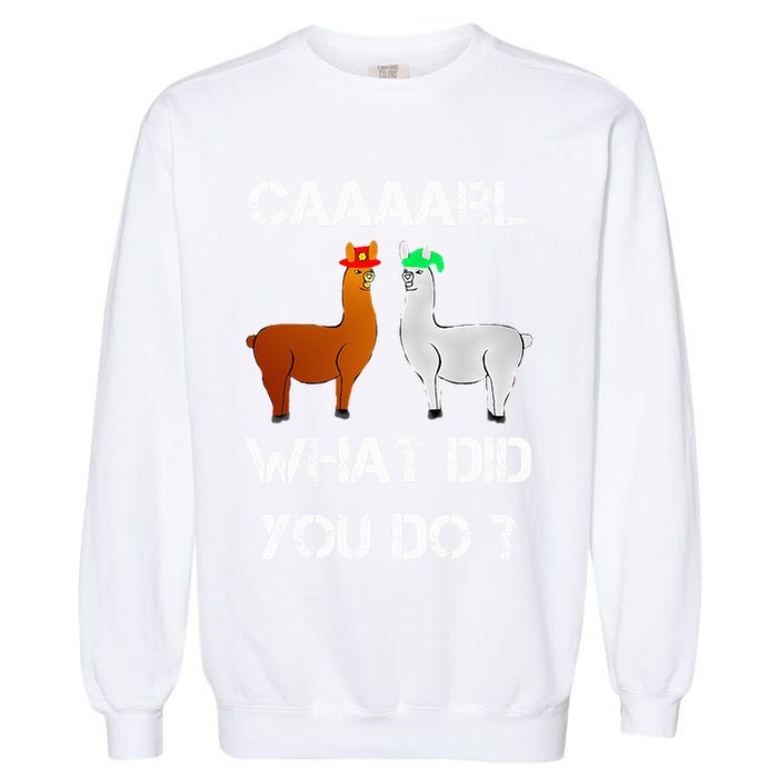funny llama with hats lama with hat carl what did you do  Garment-Dyed Sweatshirt