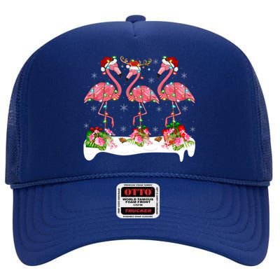 Flamingo Lover Xmas Lighting Santa Pink Flamingos Christmas Gift High Crown Mesh Back Trucker Hat