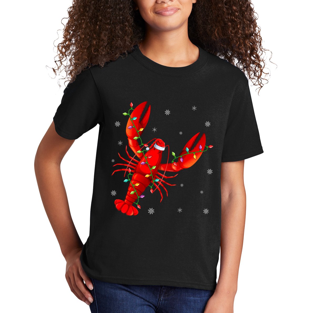 Funny Lobster Xmas Lighting Reindeer Hat Lobster Christmas Kids T-Shirt