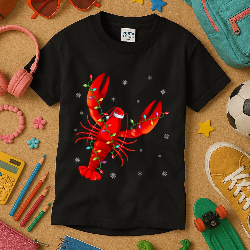 Funny Lobster Xmas Lighting Reindeer Hat Lobster Christmas Kids T-Shirt