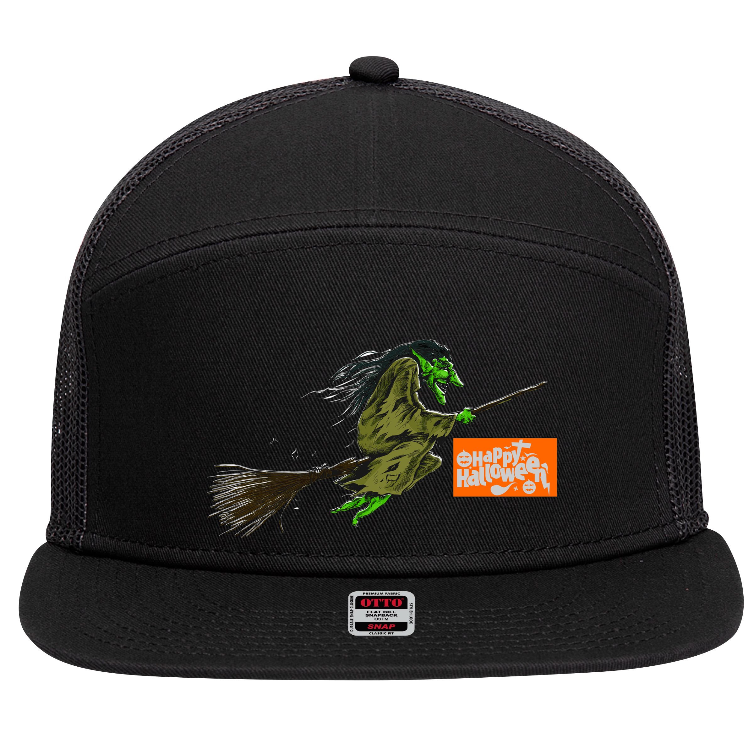 Flying Halloween Witch 7 Panel Mesh Trucker Snapback Hat