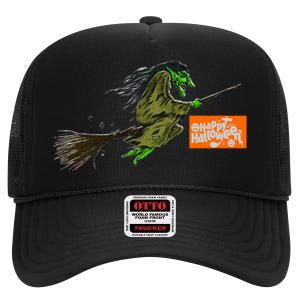 Flying Halloween Witch High Crown Mesh Back Trucker Hat