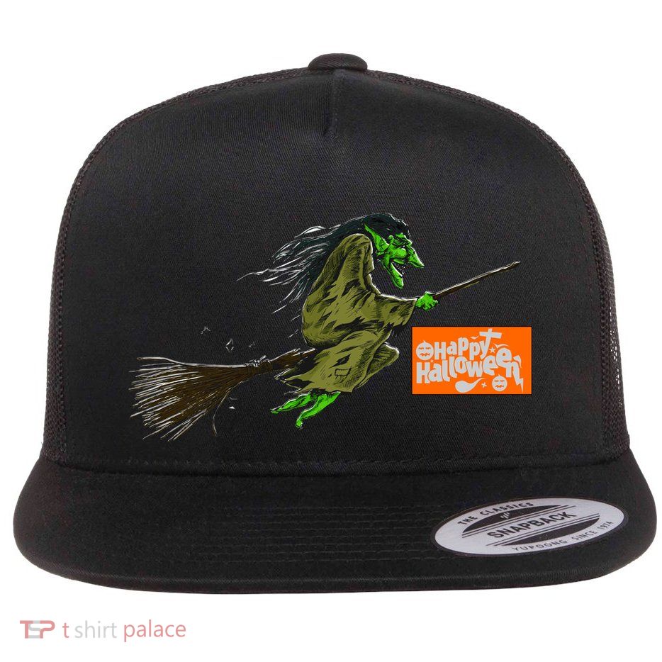 Flying Halloween Witch Flat Bill Trucker Hat