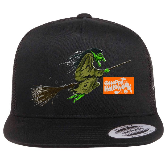 Flying Halloween Witch Flat Bill Trucker Hat