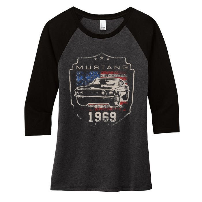 F.O.R.D. M.U.S.T.A.N.G 1969 Flag Women's Tri-Blend 3/4-Sleeve Raglan Shirt