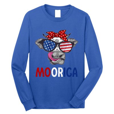 Funny Moorica 4th Of July American Flag Cow Gift Long Sleeve Shirt