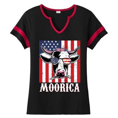 Funny Moorica 4th Of July Usa Flag Patriotic Cow Farmer Great Gift Ladies Halftime Notch Neck Tee