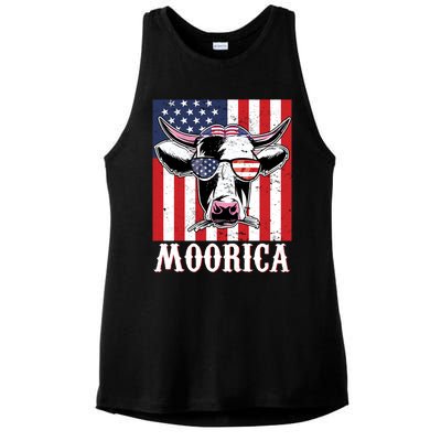 Funny Moorica 4th Of July Usa Flag Patriotic Cow Farmer Great Gift Ladies PosiCharge Tri-Blend Wicking Tank