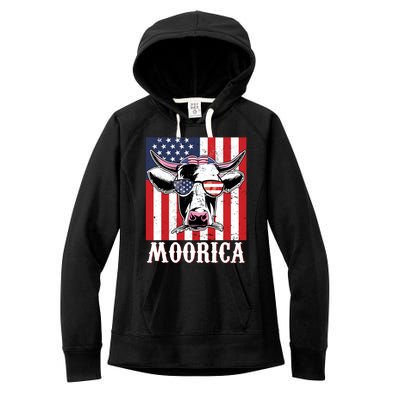 Funny Moorica 4th Of July Usa Flag Patriotic Cow Farmer Great Gift Women's Fleece Hoodie