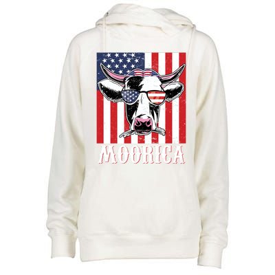 Funny Moorica 4th Of July Usa Flag Patriotic Cow Farmer Great Gift Womens Funnel Neck Pullover Hood