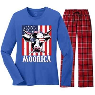 Funny Moorica 4th Of July Usa Flag Patriotic Cow Farmer Great Gift Women's Long Sleeve Flannel Pajama Set 