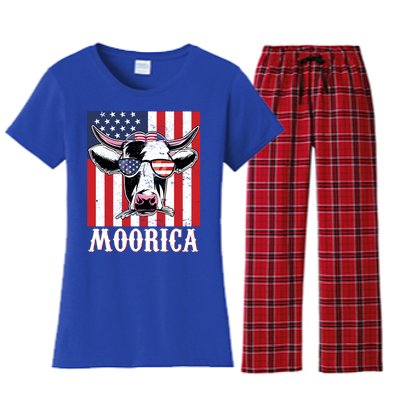 Funny Moorica 4th Of July Usa Flag Patriotic Cow Farmer Great Gift Women's Flannel Pajama Set