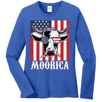 Funny Moorica 4th Of July Usa Flag Patriotic Cow Farmer Great Gift Ladies Long Sleeve Shirt