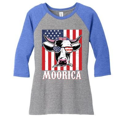 Funny Moorica 4th Of July Usa Flag Patriotic Cow Farmer Great Gift Women's Tri-Blend 3/4-Sleeve Raglan Shirt