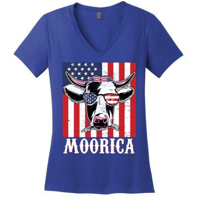 Funny Moorica 4th Of July Usa Flag Patriotic Cow Farmer Great Gift Women's V-Neck T-Shirt