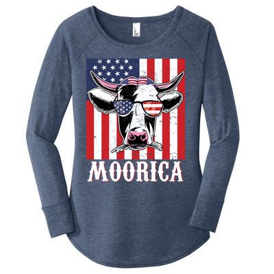 Funny Moorica 4th Of July Usa Flag Patriotic Cow Farmer Great Gift Women's Perfect Tri Tunic Long Sleeve Shirt