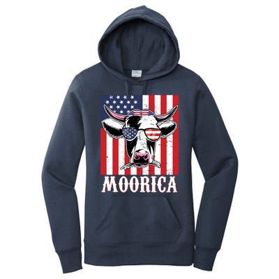 Funny Moorica 4th Of July Usa Flag Patriotic Cow Farmer Great Gift Women's Pullover Hoodie