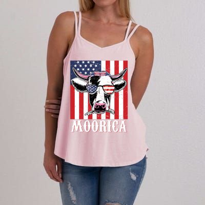 Funny Moorica 4th Of July Usa Flag Patriotic Cow Farmer Great Gift Women's Strappy Tank