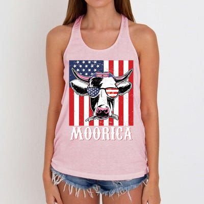 Funny Moorica 4th Of July Usa Flag Patriotic Cow Farmer Great Gift Women's Knotted Racerback Tank