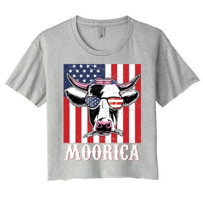 Funny Moorica 4th Of July Usa Flag Patriotic Cow Farmer Great Gift Women's Crop Top Tee