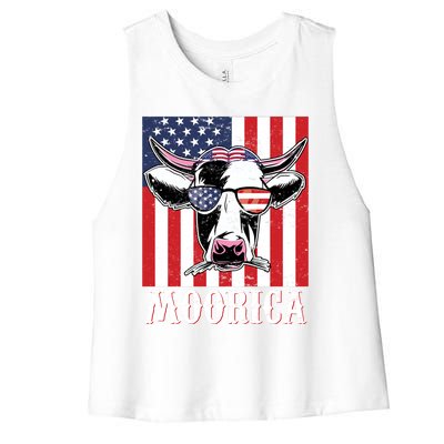 Funny Moorica 4th Of July Usa Flag Patriotic Cow Farmer Great Gift Women's Racerback Cropped Tank