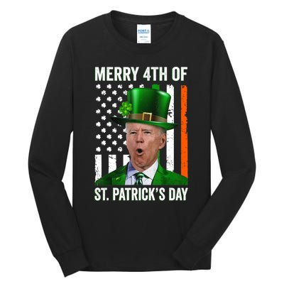 Funny Merry 4th Of St Patrick's Day Joe Biden Leprechaun Hat Tall Long Sleeve T-Shirt