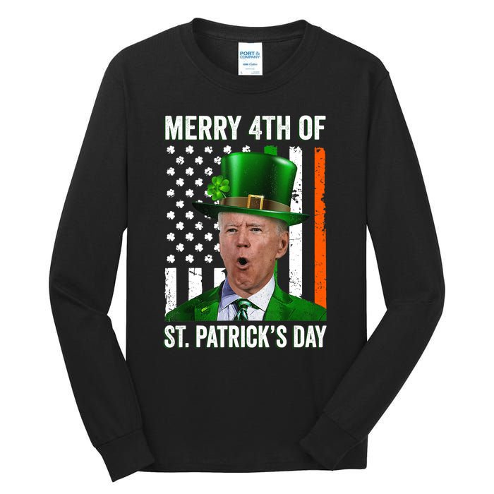 Funny Merry 4th Of St Patrick's Day Joe Biden Leprechaun Hat Tall Long Sleeve T-Shirt