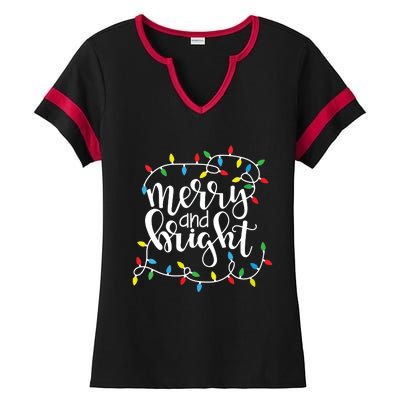 Funny Merry And Bright Christmas Lights Xmas Holiday Short Sleeve Ladies Halftime Notch Neck Tee