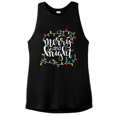 Funny Merry And Bright Christmas Lights Xmas Holiday Short Sleeve Ladies PosiCharge Tri-Blend Wicking Tank