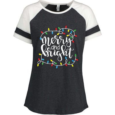 Funny Merry And Bright Christmas Lights Xmas Holiday Short Sleeve Enza Ladies Jersey Colorblock Tee