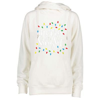 Funny Merry And Bright Christmas Lights Xmas Holiday Short Sleeve Womens Funnel Neck Pullover Hood