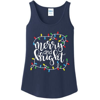 Funny Merry And Bright Christmas Lights Xmas Holiday Short Sleeve Ladies Essential Tank