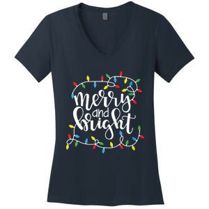 Funny Merry And Bright Christmas Lights Xmas Holiday Short Sleeve Women's V-Neck T-Shirt