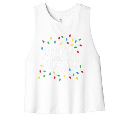 Funny Merry And Bright Christmas Lights Xmas Holiday Short Sleeve Women's Racerback Cropped Tank