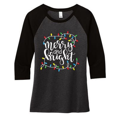 Funny Merry And Bright Christmas Lights Xmas Holiday Short Sleeve Women's Tri-Blend 3/4-Sleeve Raglan Shirt