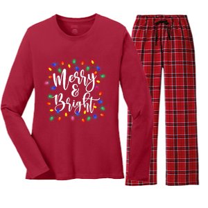 Funny Merry And Bright Christmas Lights Xmas Holiday Family Pjs Women's Long Sleeve Flannel Pajama Set 