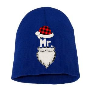 Funny Mr And Mrs Claus Couples Matching Christmas Santa Red Plaid Short Acrylic Beanie