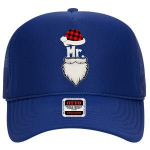 Funny Mr And Mrs Claus Couples Matching Christmas Santa Red Plaid High Crown Mesh Back Trucker Hat